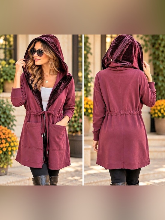 Free People Jackets & Blazers - Free People Dark Berry Velvet Trim Hooded Cardigan Jacket NWT Size S